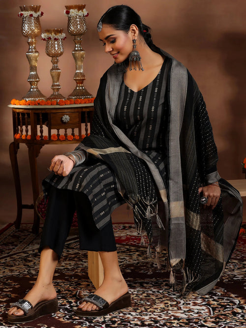 Gerua Black Woven Design Cotton Blend Straight Suit With Dupatta