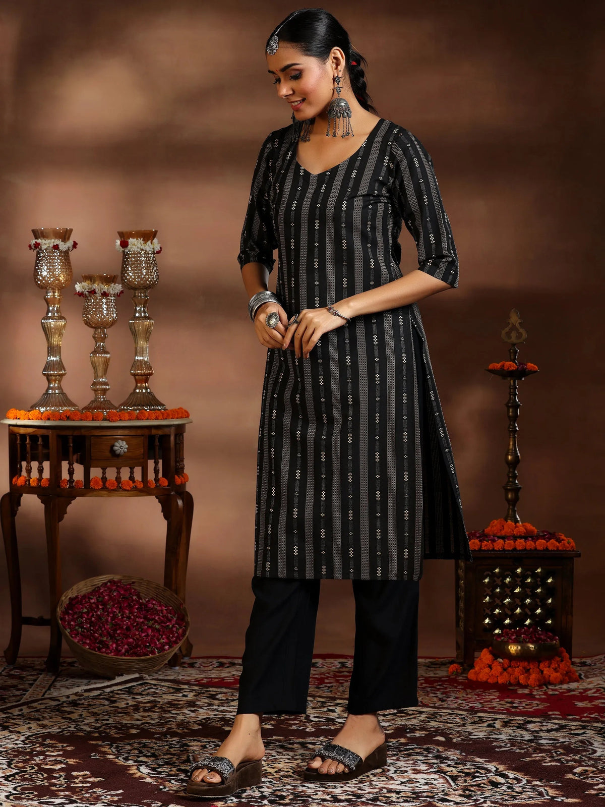 Gerua Black Woven Design Cotton Blend Straight Suit With Dupatta
