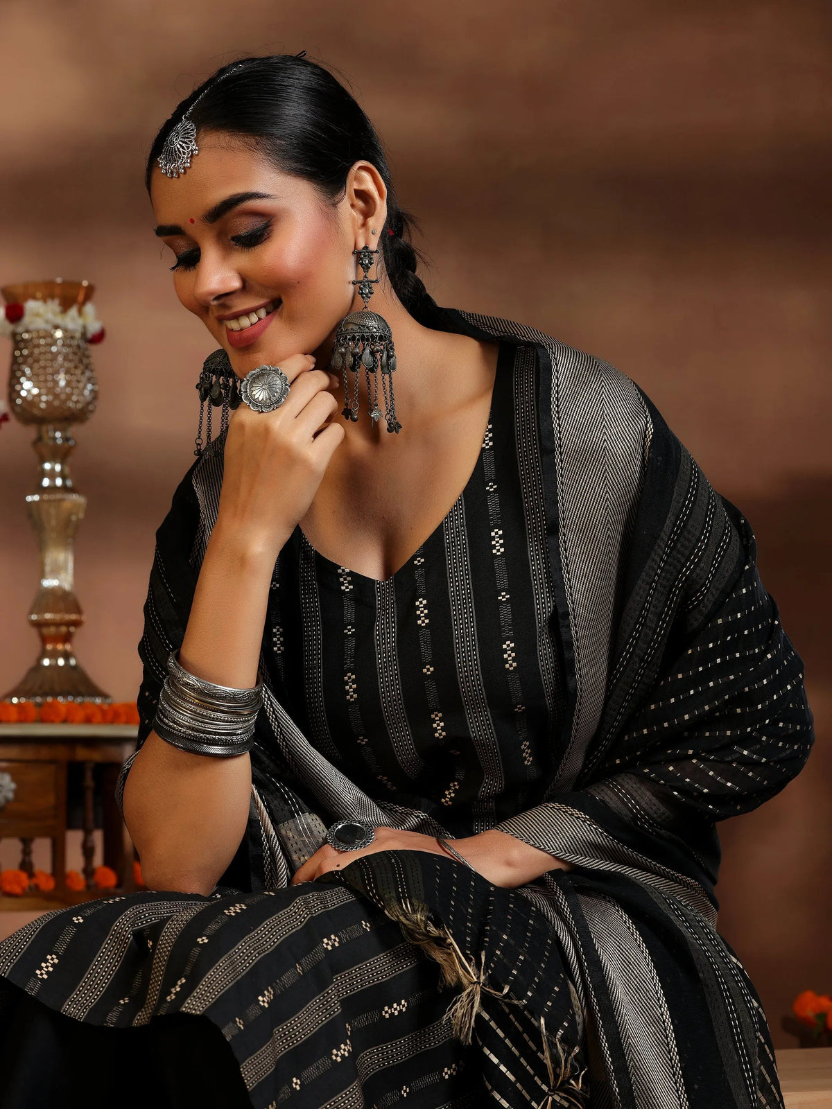 Gerua Black Woven Design Cotton Blend Straight Suit With Dupatta
