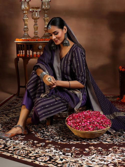 Gerua Purple Woven Design Cotton Blend Straight Suit With Dupatta