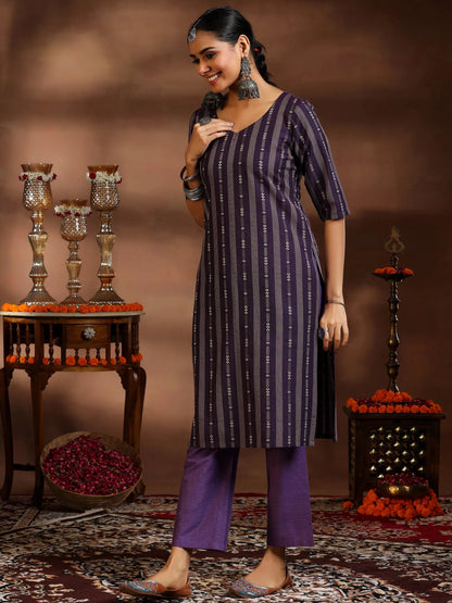 Gerua Purple Woven Design Cotton Blend Straight Suit With Dupatta