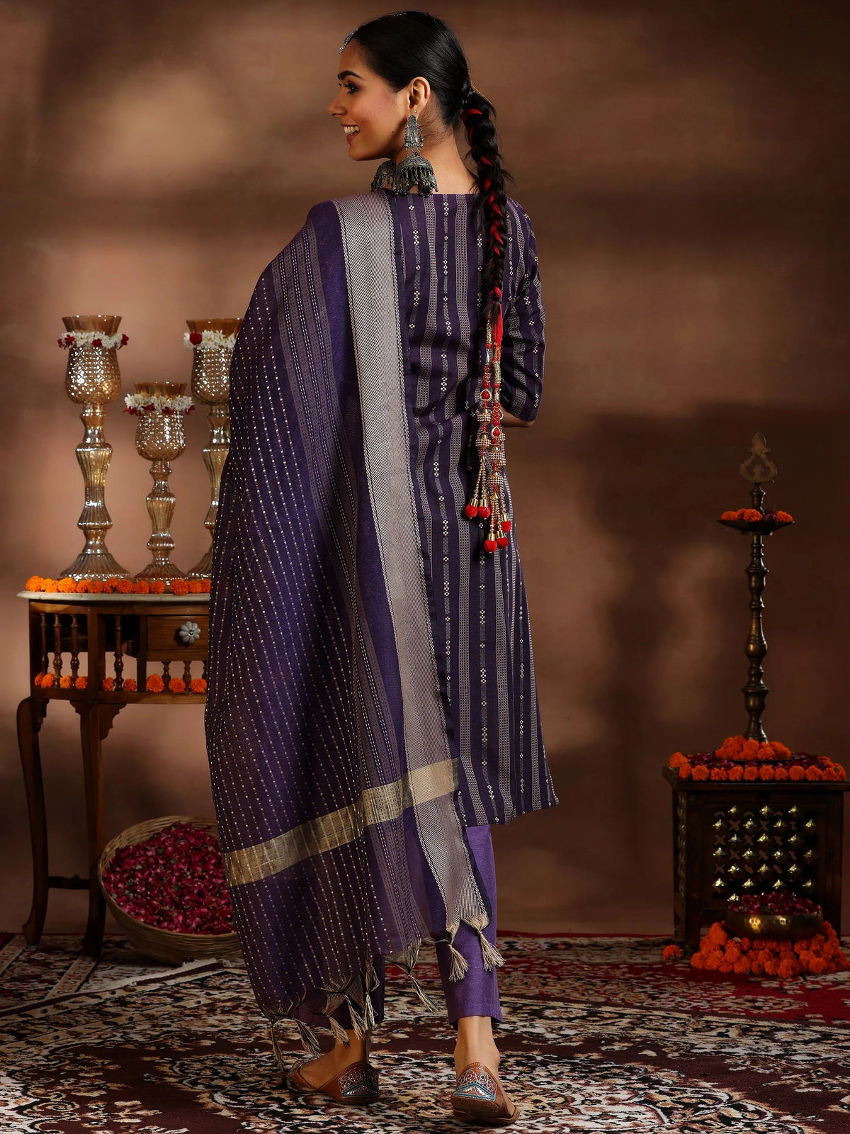 Gerua Purple Woven Design Cotton Blend Straight Suit With Dupatta