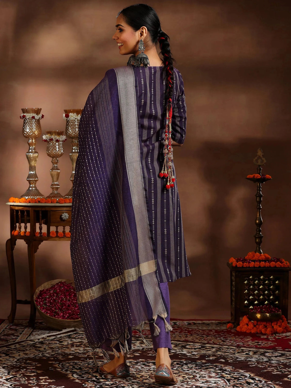 Gerua Purple Woven Design Cotton Blend Straight Suit With Dupatta