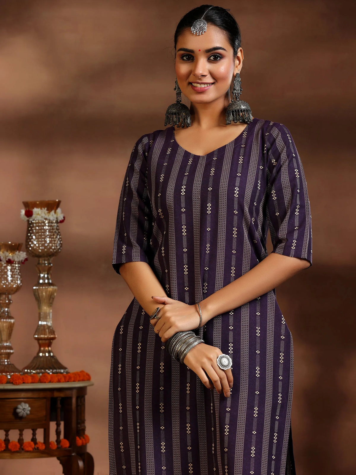 Gerua Purple Woven Design Cotton Blend Straight Suit With Dupatta