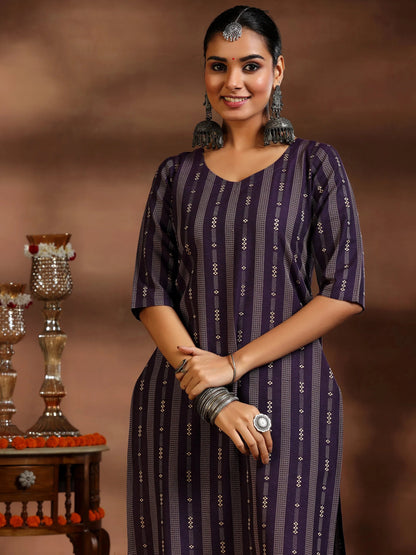 Gerua Purple Woven Design Cotton Blend Straight Suit With Dupatta