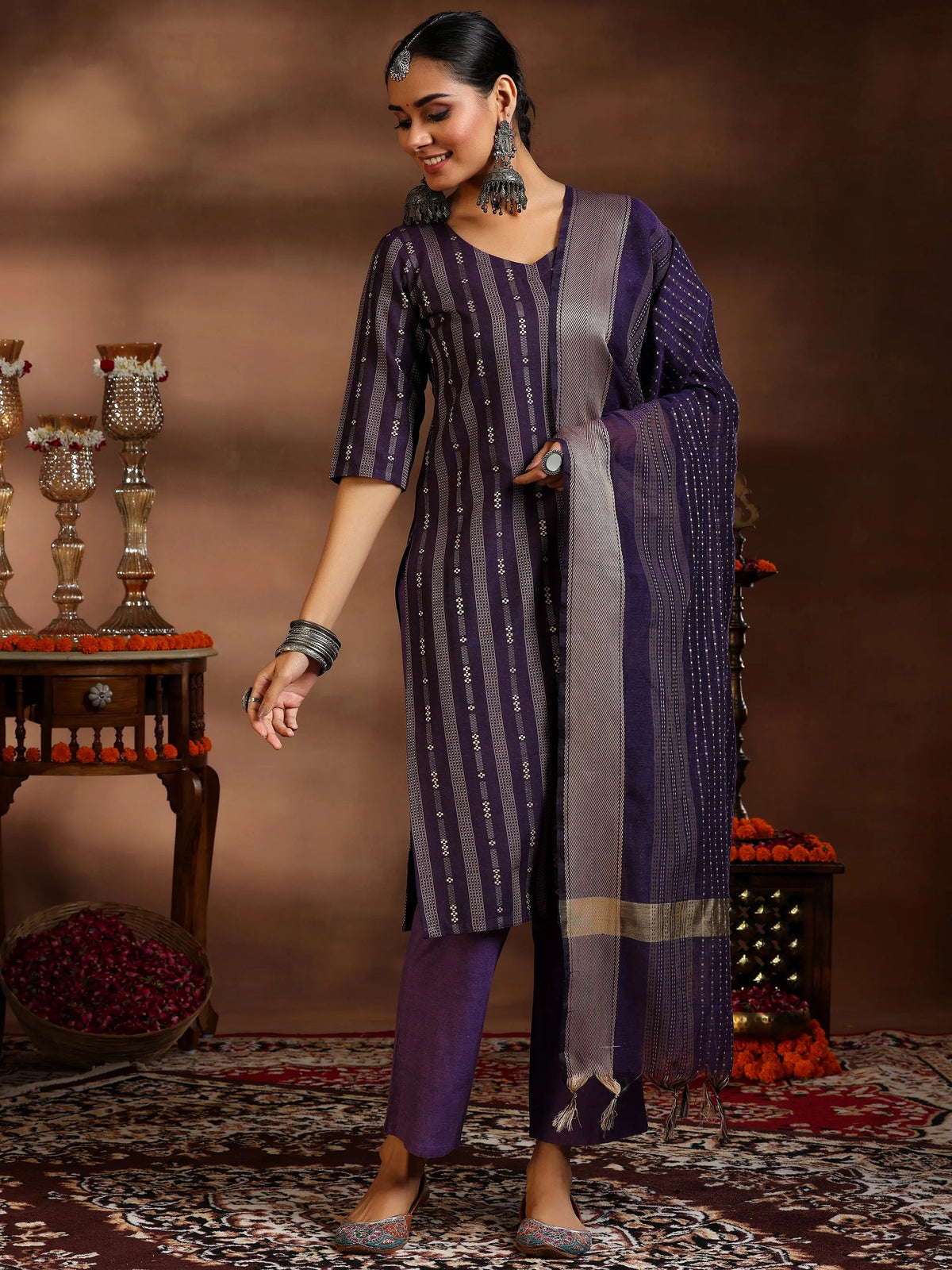 Gerua Purple Woven Design Cotton Blend Straight Suit With Dupatta