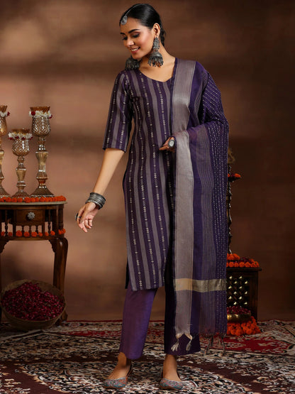 Gerua Purple Woven Design Cotton Blend Straight Suit With Dupatta