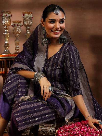 Gerua Purple Woven Design Cotton Blend Straight Suit With Dupatta