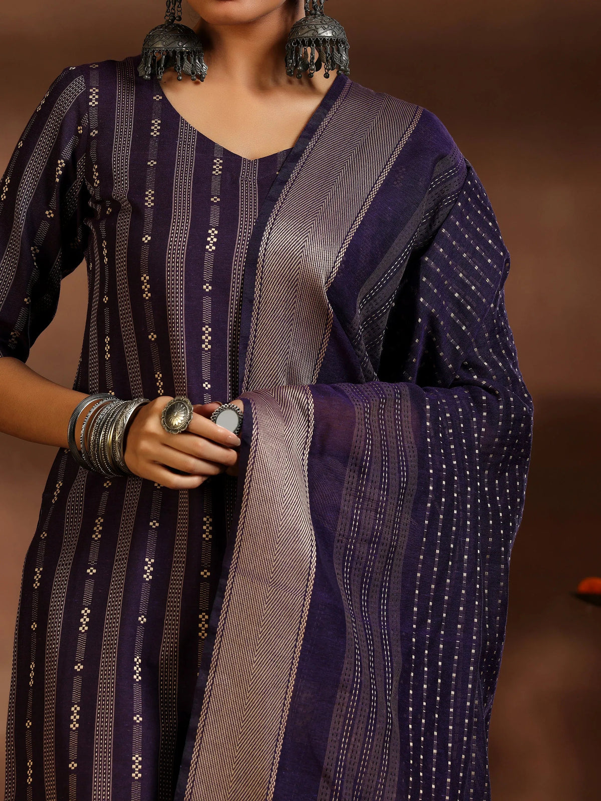 Gerua Purple Woven Design Cotton Blend Straight Suit With Dupatta