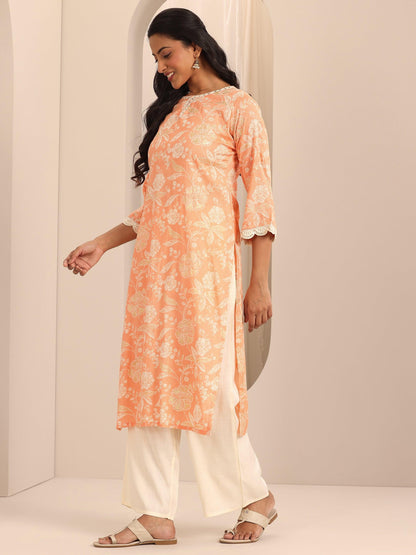 Gerua Orange Printed Cotton Blend Straight Suit With Dupatta