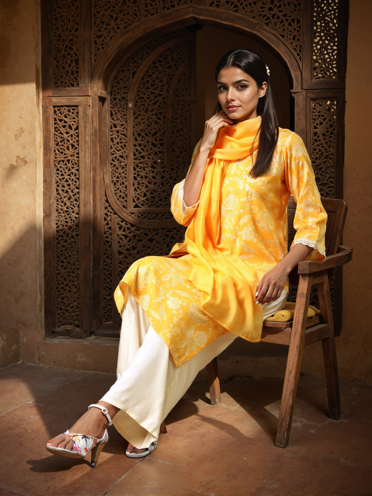Gerua Yellow Printed Cotton Blend Straight Suit With Dupatta