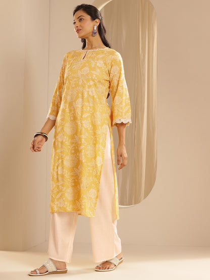 Gerua Yellow Printed Cotton Blend Straight Suit With Dupatta