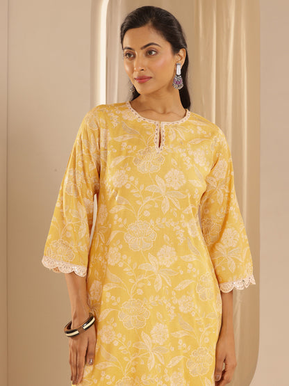 Gerua Yellow Printed Cotton Blend Straight Suit With Dupatta