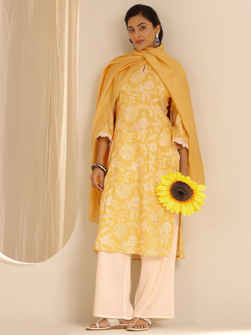 Gerua Yellow Printed Cotton Blend Straight Suit With Dupatta