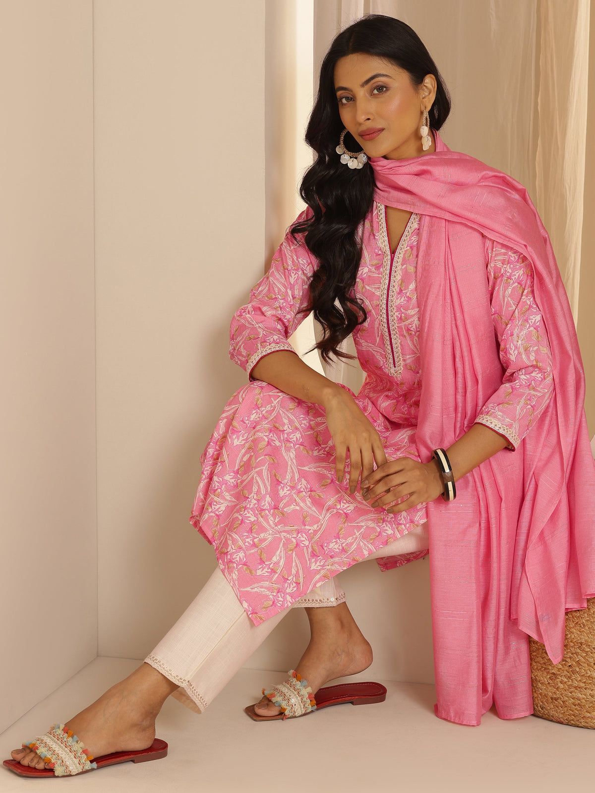 Gerua Pink Printed Cotton Blend Straight Suit With Dupatta