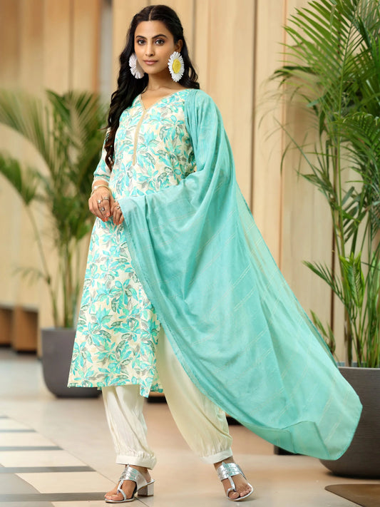 Gerua Blue Printed Cotton Blend Straight Suit With Dupatta