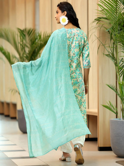 Gerua Blue Printed Cotton Blend Straight Suit With Dupatta