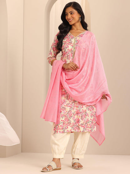 Gerua Pink Printed Cotton Blend Straight Suit With Dupatta
