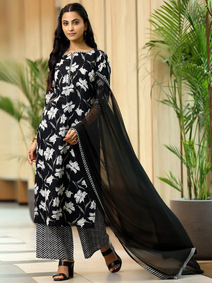 Gerua Black Printed Cotton Blend Straight Suit With Dupatta