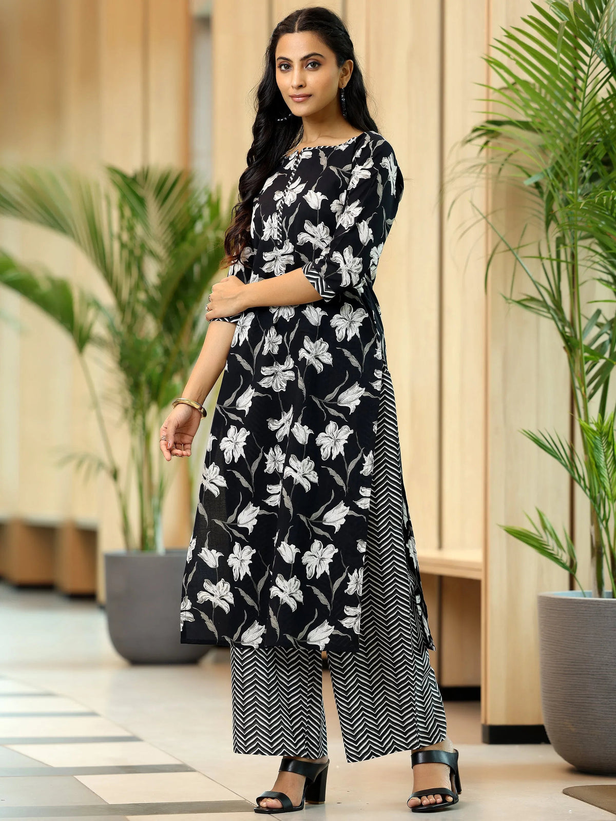 Gerua Black Printed Cotton Blend Straight Suit With Dupatta