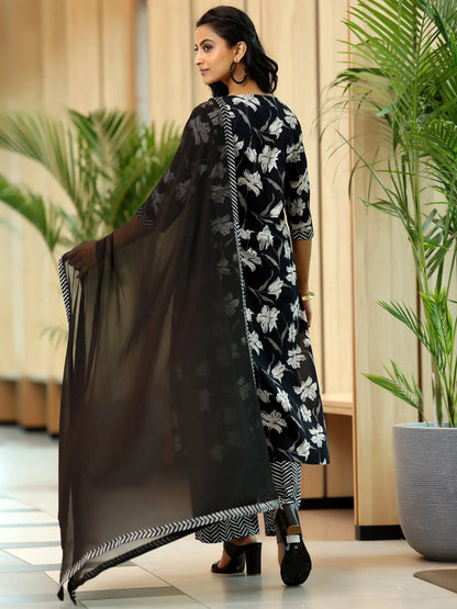 Gerua Black Printed Cotton Blend Straight Suit With Dupatta