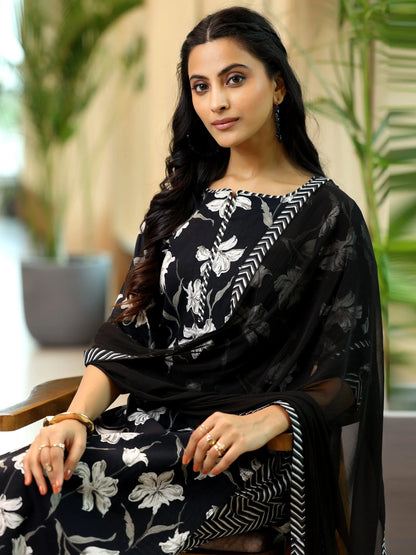 Gerua Black Printed Cotton Blend Straight Suit With Dupatta