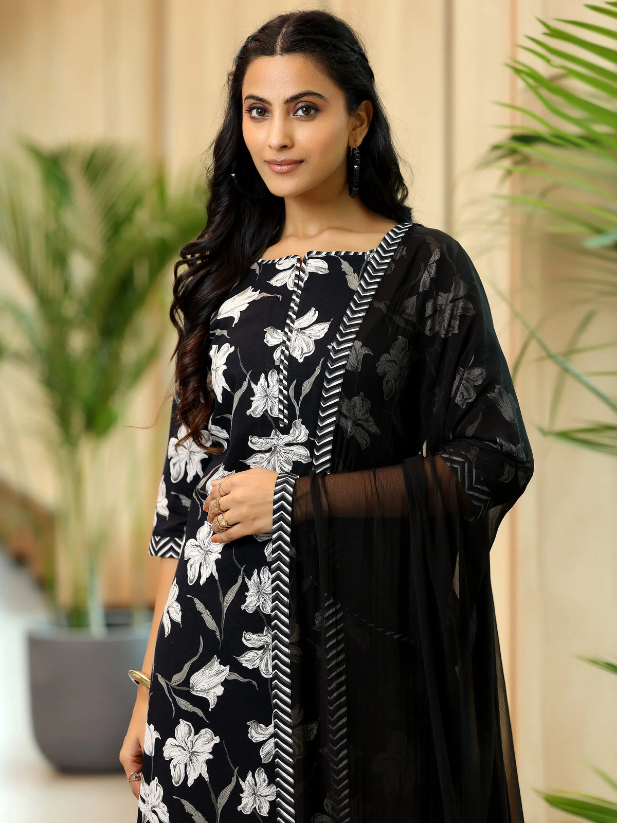 Gerua Black Printed Cotton Blend Straight Suit With Dupatta