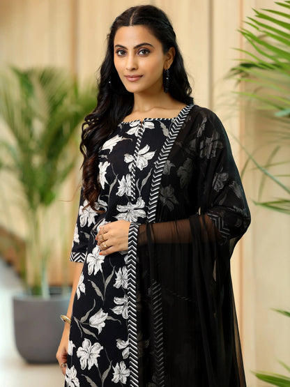 Gerua Black Printed Cotton Blend Straight Suit With Dupatta