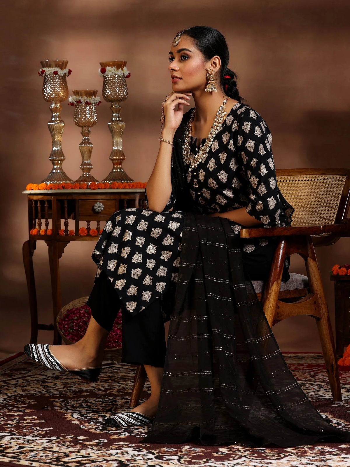 Gerua Black Printed Silk Blend Straight Suit With Dupatta
