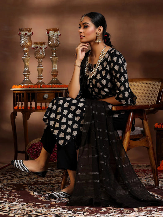 Gerua Black Printed Silk Blend Straight Suit With Dupatta
