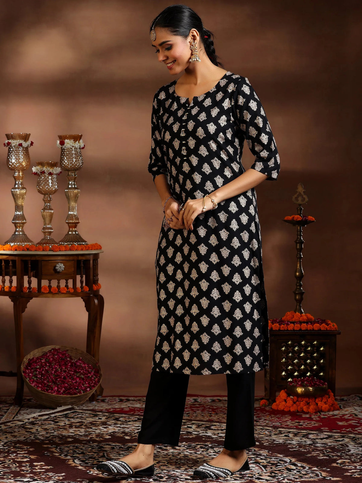 Gerua Black Printed Silk Blend Straight Suit With Dupatta