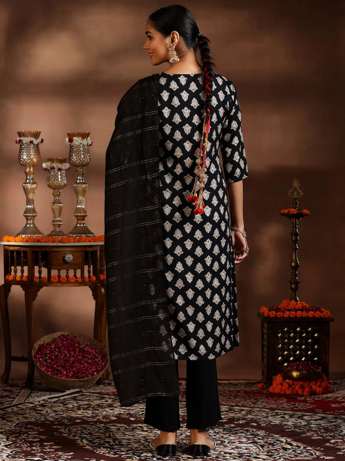 Gerua Black Printed Silk Blend Straight Suit With Dupatta