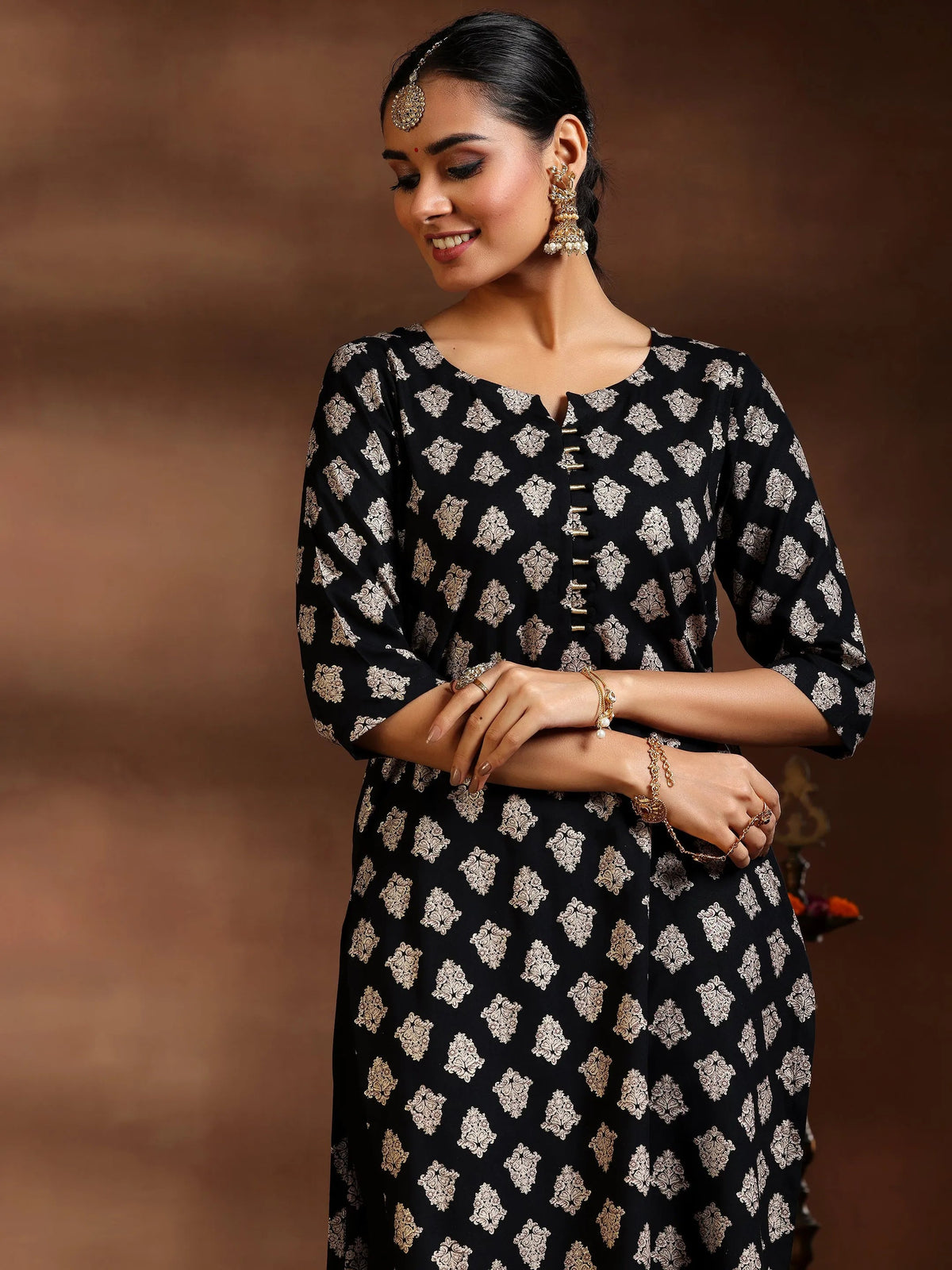Gerua Black Printed Silk Blend Straight Suit With Dupatta