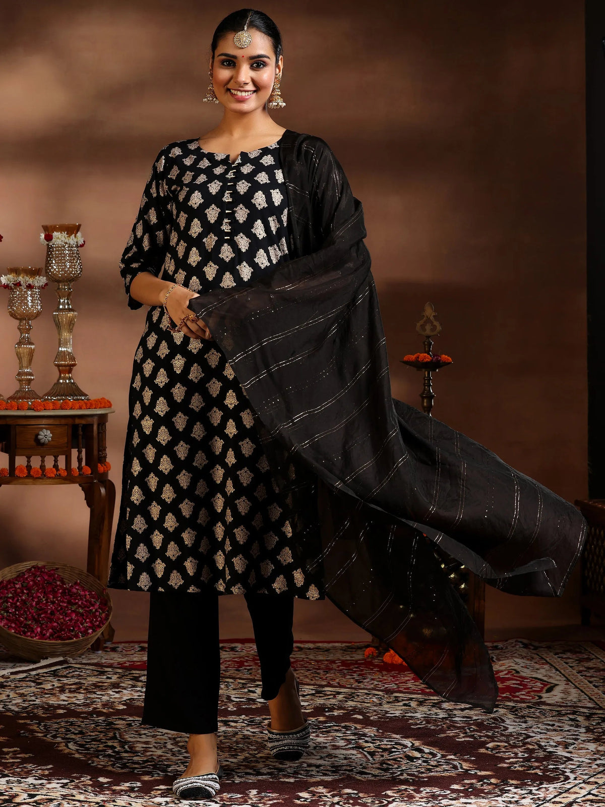 Gerua Black Printed Silk Blend Straight Suit With Dupatta