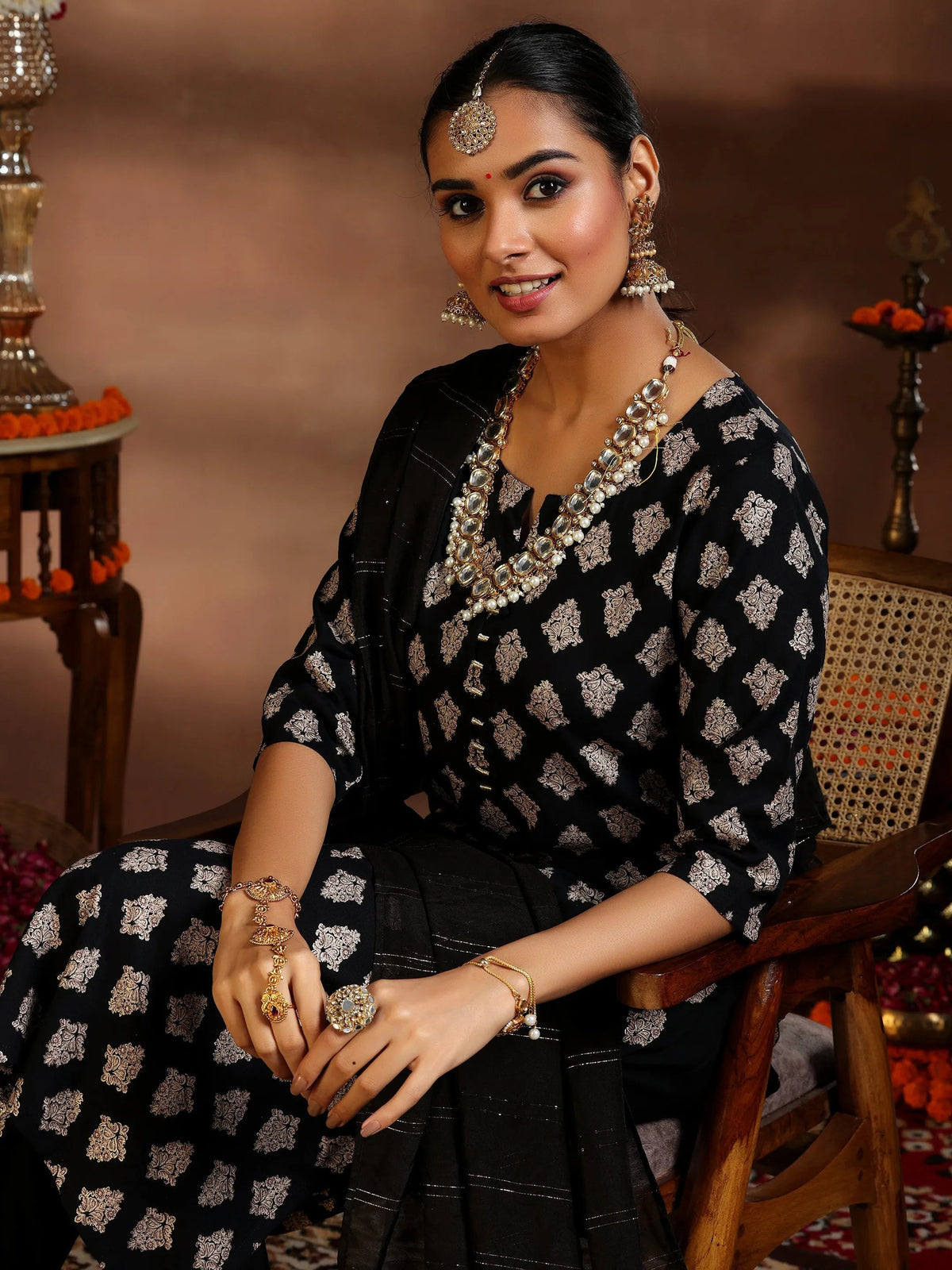 Gerua Black Printed Silk Blend Straight Suit With Dupatta