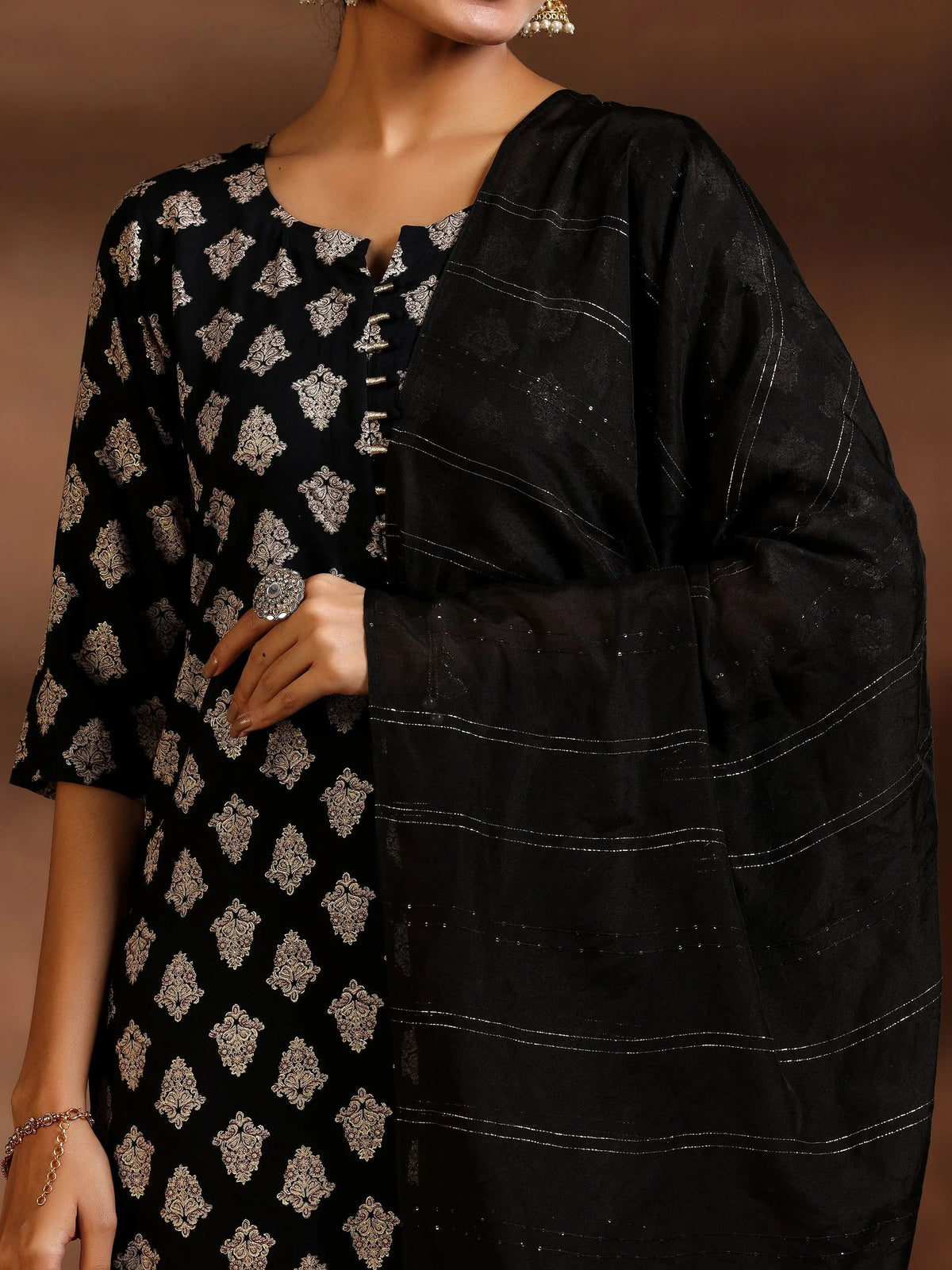 Gerua Black Printed Silk Blend Straight Suit With Dupatta