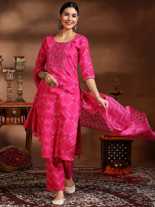 Libas Pink Printed Cotton Straight Suit With Dupatta