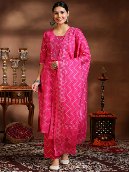 Libas Pink Printed Cotton Straight Suit With Dupatta