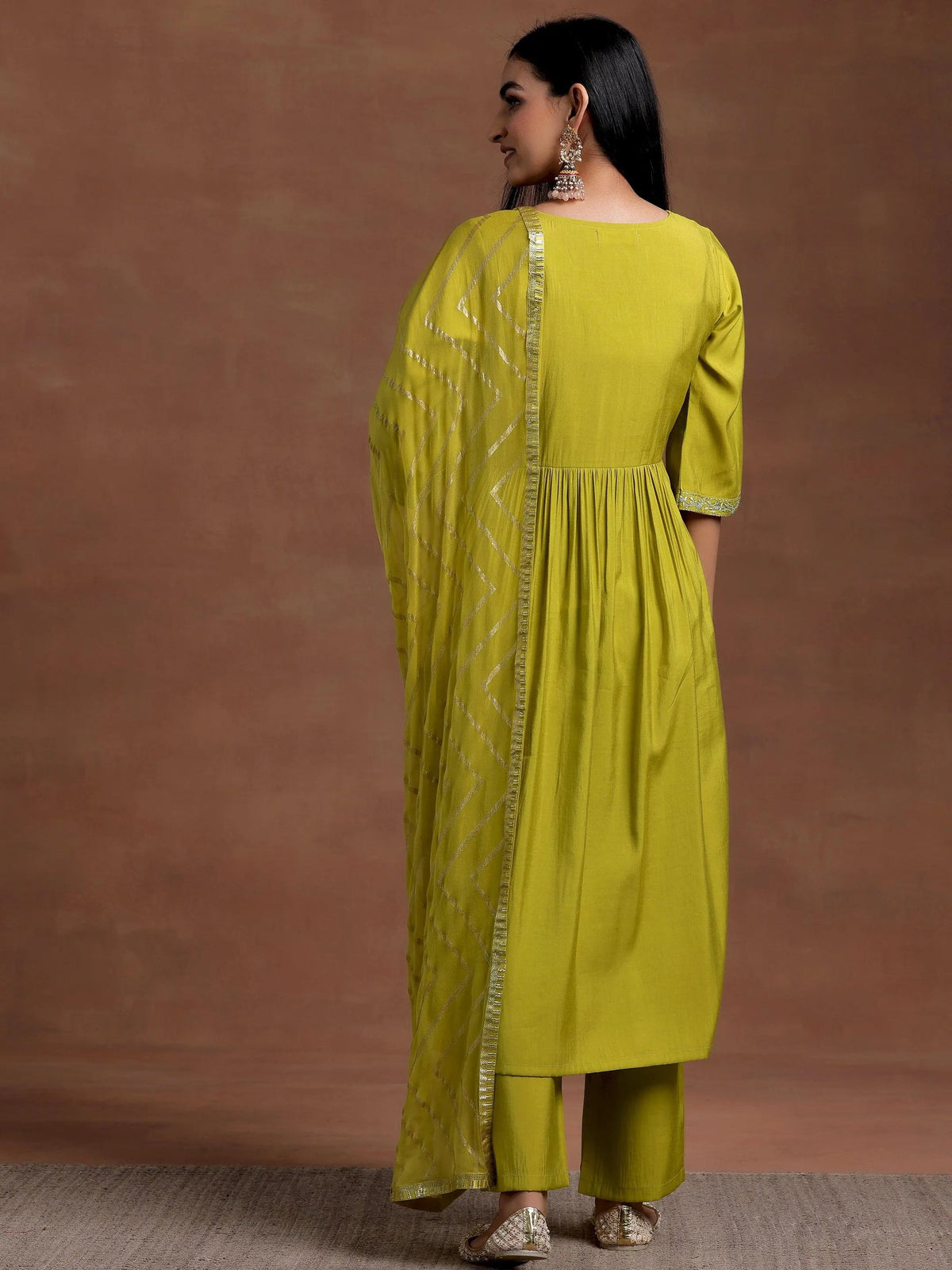 Gerua Olive Solid Silk Blend A-Line Kurta With Trousers & Dupatta