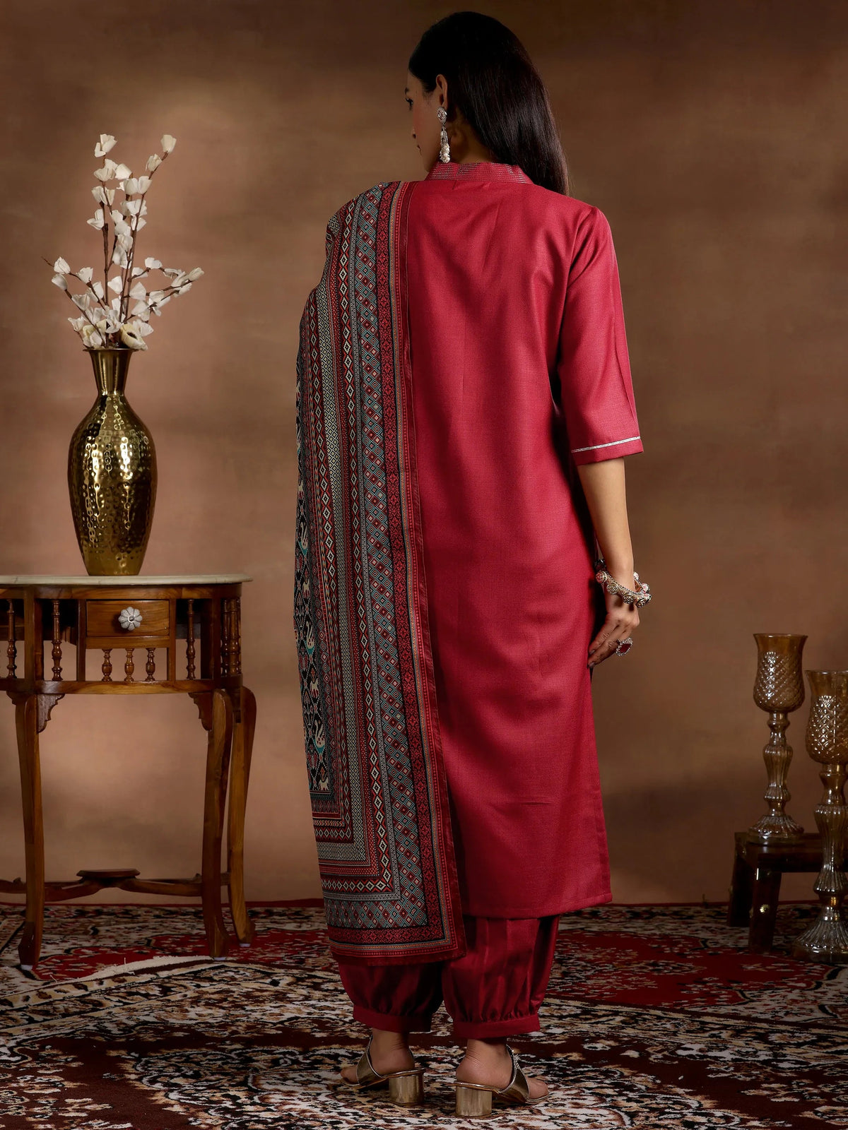Gerua Maroon Solid Cotton Blend Straight Suit With Dupatta