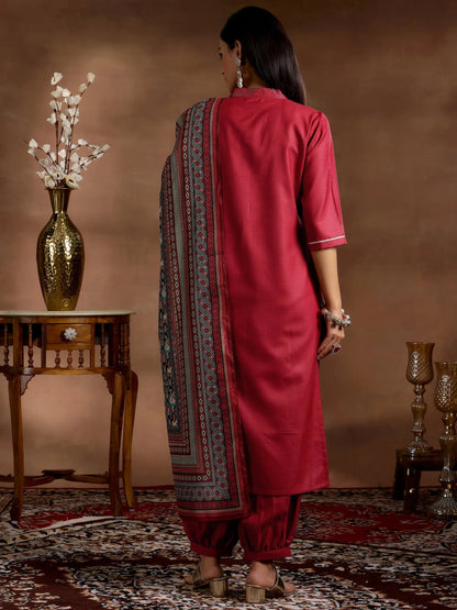 Gerua Maroon Solid Cotton Blend Straight Suit With Dupatta