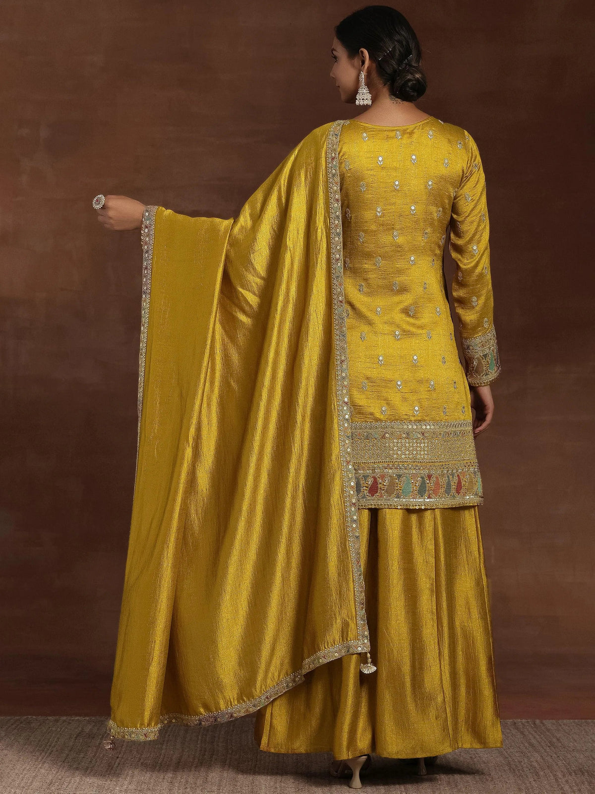Libas Adaa Mustard Embroidered Silk Blend Straight Kurta With Palazzos & Dupatta