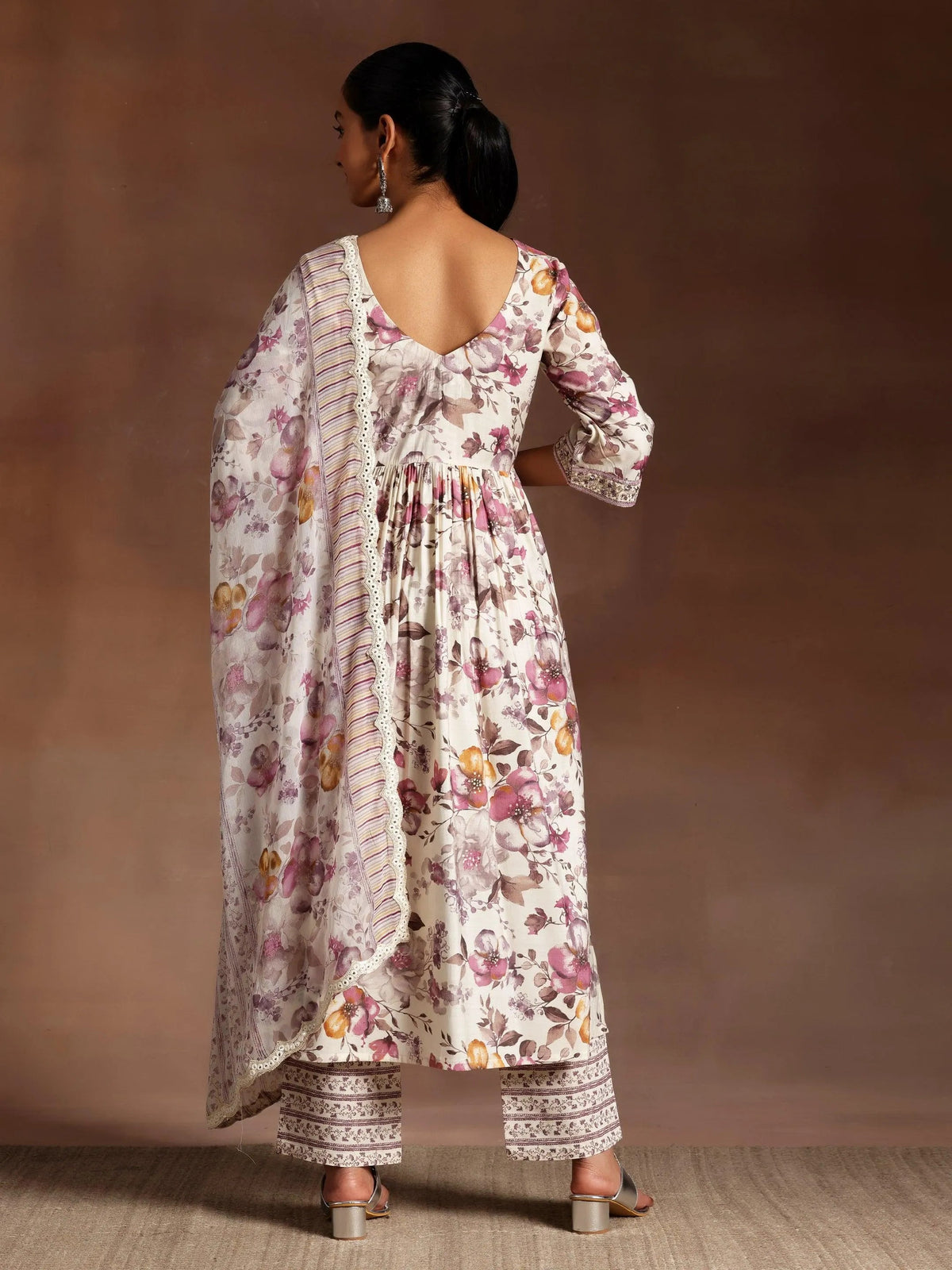 Libas Off White Printed Silk Blend A-Line Kurta With Palazzos & Dupatta