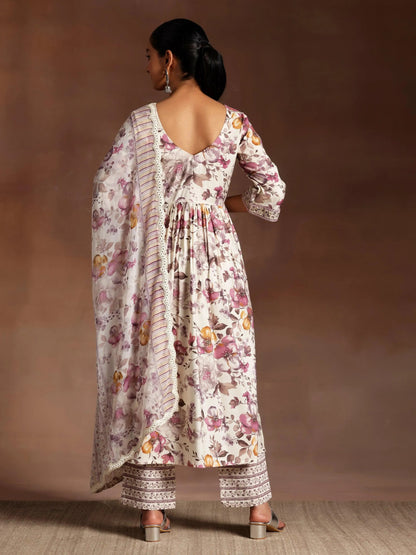 Libas Off White Printed Silk Blend A-Line Kurta With Palazzos & Dupatta