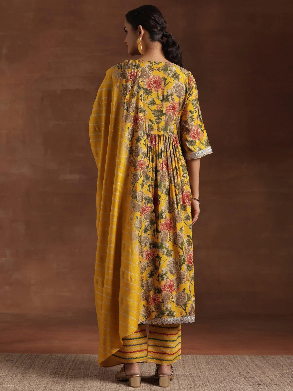 Gerua Yellow Printed Silk Blend A-Line Kurta With Trousers & Dupatta