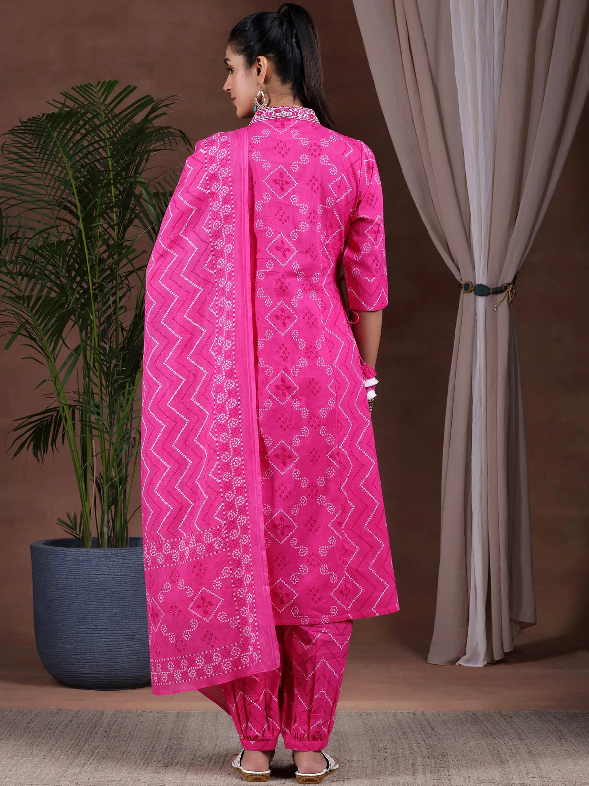 Libas Pink Printed Cotton A-Line Kurta With Salwar & Dupatta