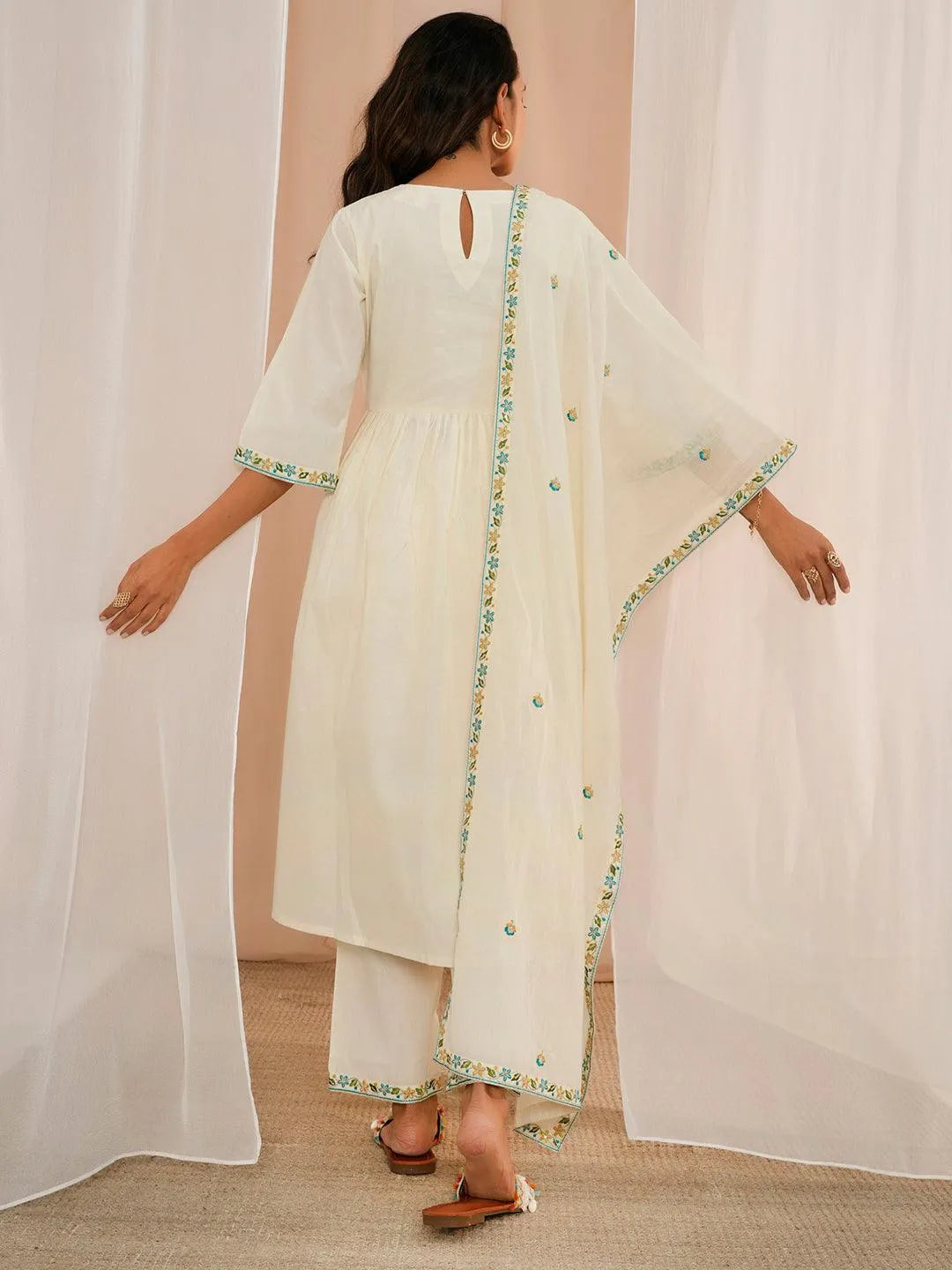 Gerua Off White Yoke Design Cotton Blend A-Line Kurta With Palazzos & Dupatta