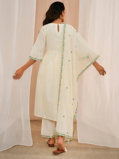 Gerua Off White Yoke Design Cotton Blend A-Line Kurta With Palazzos & Dupatta