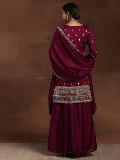 Libas Adaa Wine Embroidered Silk Blend Straight Kurta With Palazzos & Dupatta