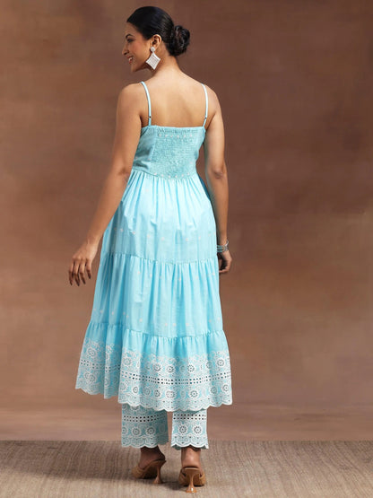 Libas Blue Self Design Cotton Anarkali Kurta With Trousers